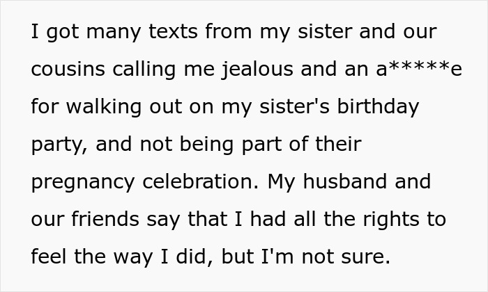 “AITA For Walking Out Of My Sister’s Birthday Party After She Announced She Was Pregnant?” “AITA For Walking Out Of My Sister’s Birthday Party After She Announced She Was Pregnant?”