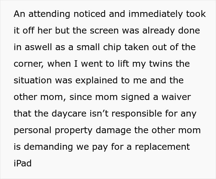 Mom Refuses To Pay For Broken iPad Pro After Parents Leave It With 11-Month-Old At Daycare Mom Refuses To Pay For Broken iPad Pro After Parents Leave It With 11-Month-Old At Daycare