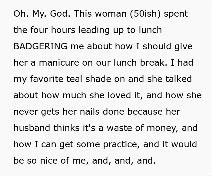 "She's Being A Complete Clown": Woman Is Furious And Offended Coworker Won't Give Free Manicure "She's Being A Complete Clown": Woman Is Furious And Offended Coworker Won't Give Free Manicure