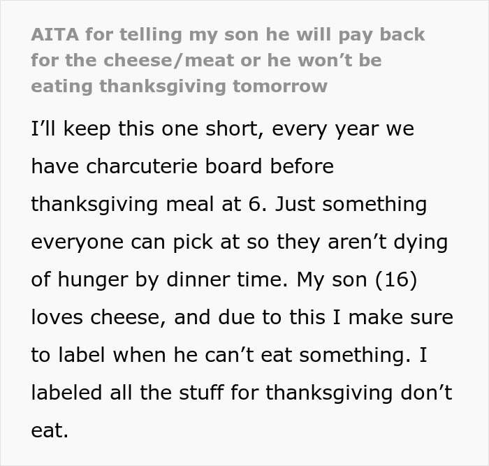 Text post about a teen wiping out a $70 charcuterie board before Thanksgiving and mom making him pay for it. Text post about a teen wiping out a $70 charcuterie board before Thanksgiving and mom making him pay for it.