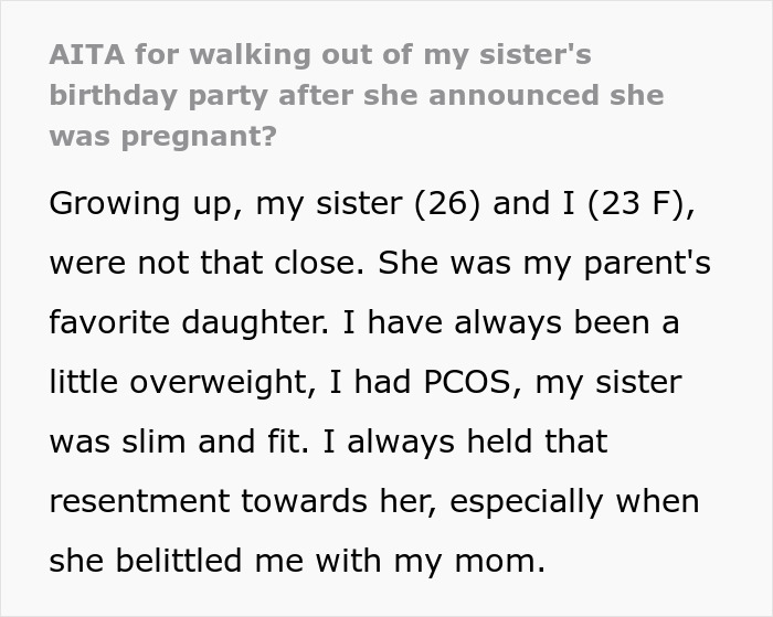 “AITA For Walking Out Of My Sister’s Birthday Party After She Announced She Was Pregnant?” “AITA For Walking Out Of My Sister’s Birthday Party After She Announced She Was Pregnant?”