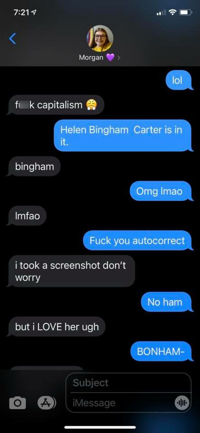 Text conversation screenshot showing autocorrect errors and frustrations, highlighting funny autocorrect mess in a normal text chat.