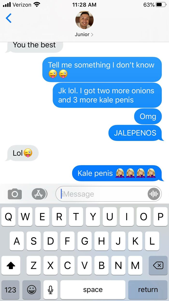 Text message conversation showing autocorrect errors turning jalapenos into kale p***s with laughing emojis.