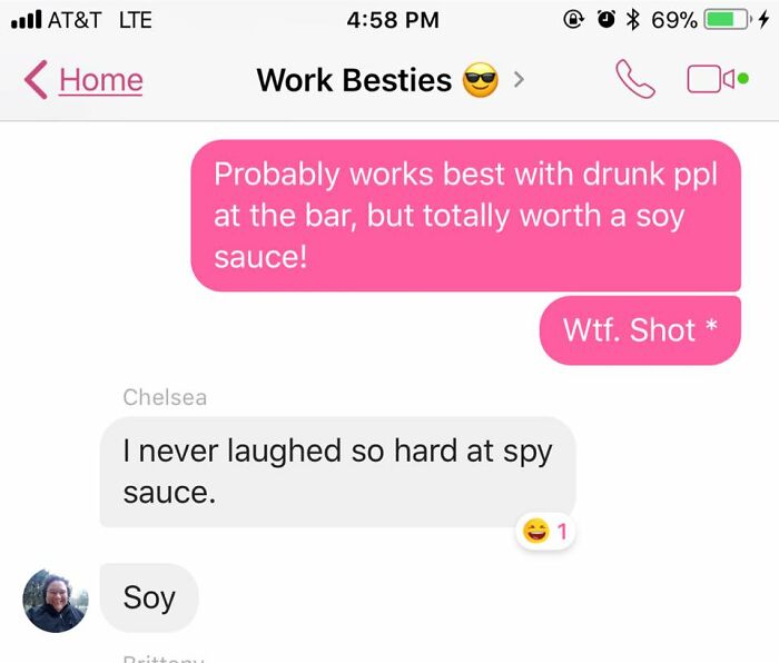 Screenshot of a text conversation showing an autocorrect fail changing shot to soy, illustrating autocorrect messes.