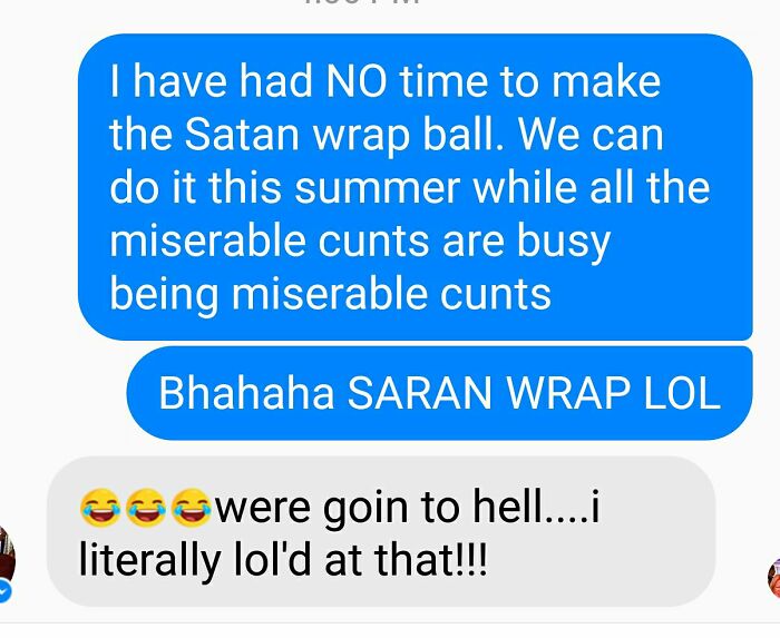 Text message screenshot showing autocorrect error changing "Saran wrap" to "Satan wrap" causing a humorous misunderstanding.