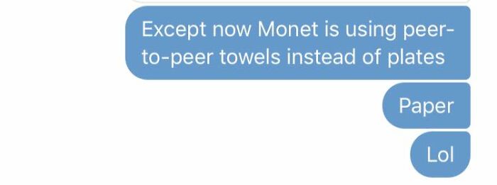 Text message showing autocorrect errors with “peer-to-peer towels” instead of “paper plates” in a humorous conversation.