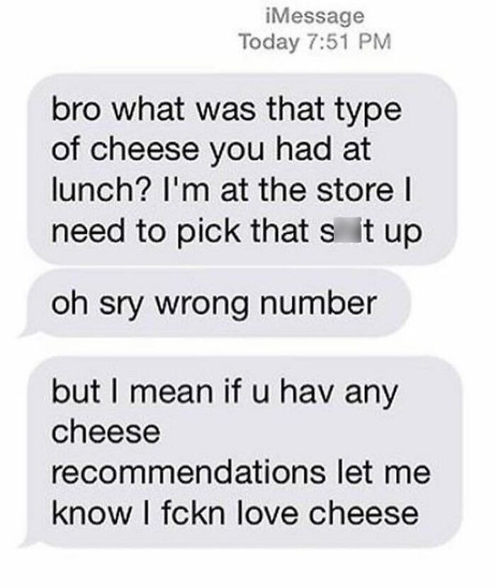 Text message conversation showing autocorrect error and funny mix-up about cheese recommendations.