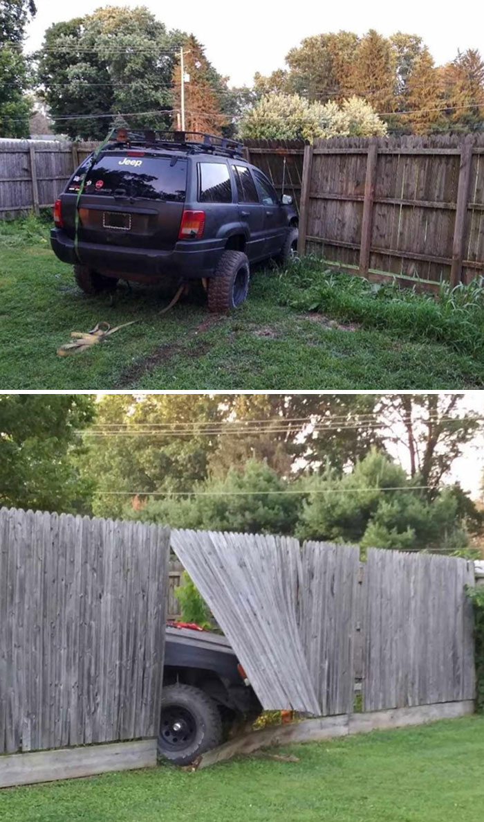 My 15-Year-Old Son Decided To Move His Sister's Jeep Behind The Garage To Make Room For Another Vehicle, But He “Forgot” It Had No Brakes. So, This Happened To My Fence