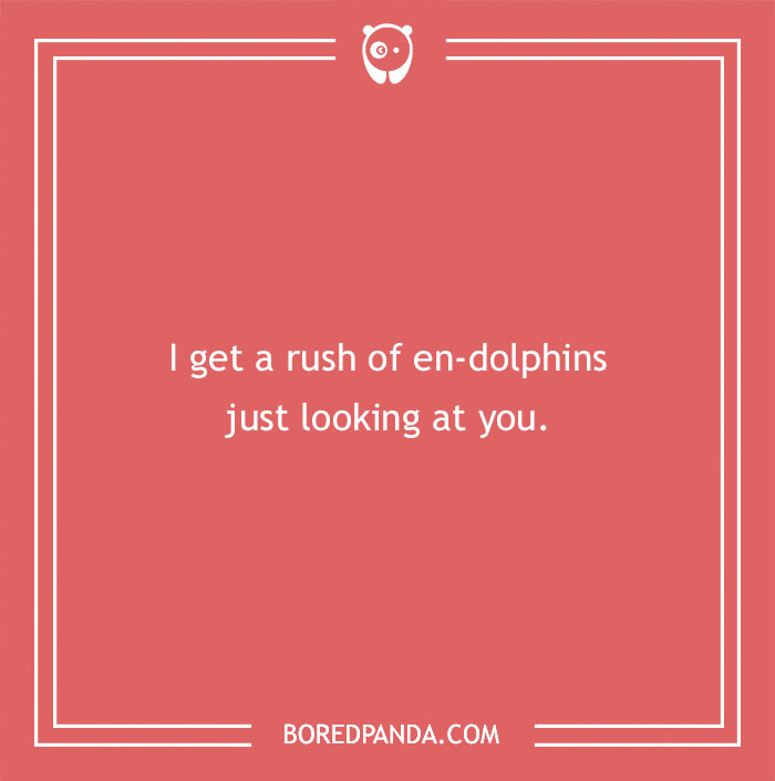 Beach pun on a coral background saying I get a rush of en-dolphins just looking at you, humor with beach puns theme
