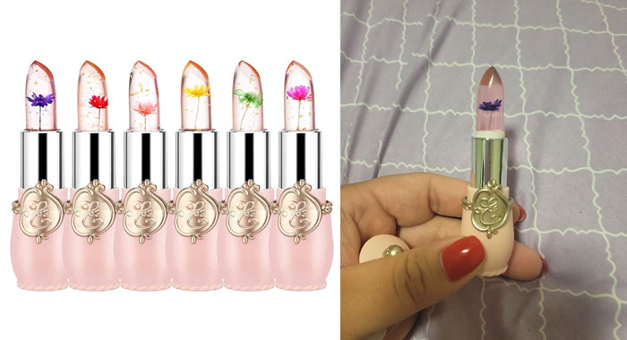 Pack Of 6 Crystal Flower Jelly Lipstick: A fun, moisture-retaining, and long-lasting lip balm that adjusts to your lips' temperature, ensuring a custom shade each time!