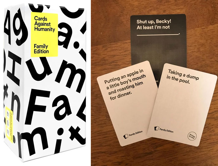 Cards Against Humanity: Suitable for children aged 8 and up, that provides laughs with its unique topics and pits your kid's wit against others for a fun, hilarious and creatively-thrilling family game time.
