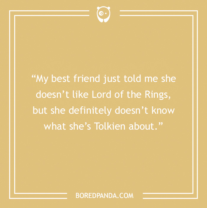 Text on a beige background with a book pun about Lord of the Rings and Tolkien.