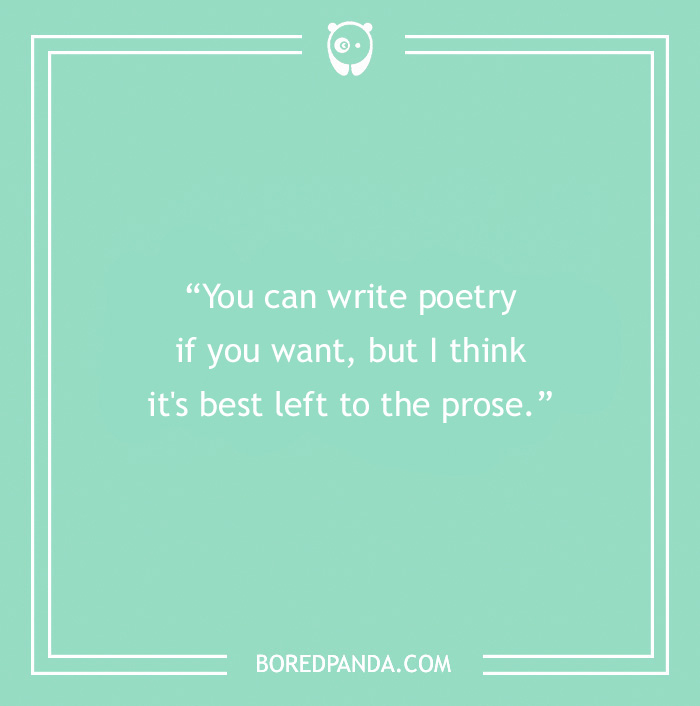 Text on mint green background with book pun about poetry and prose.