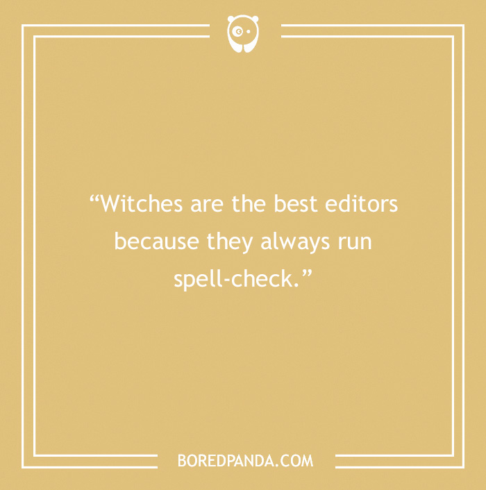 "Witches run spell-check" book pun on a light brown background.