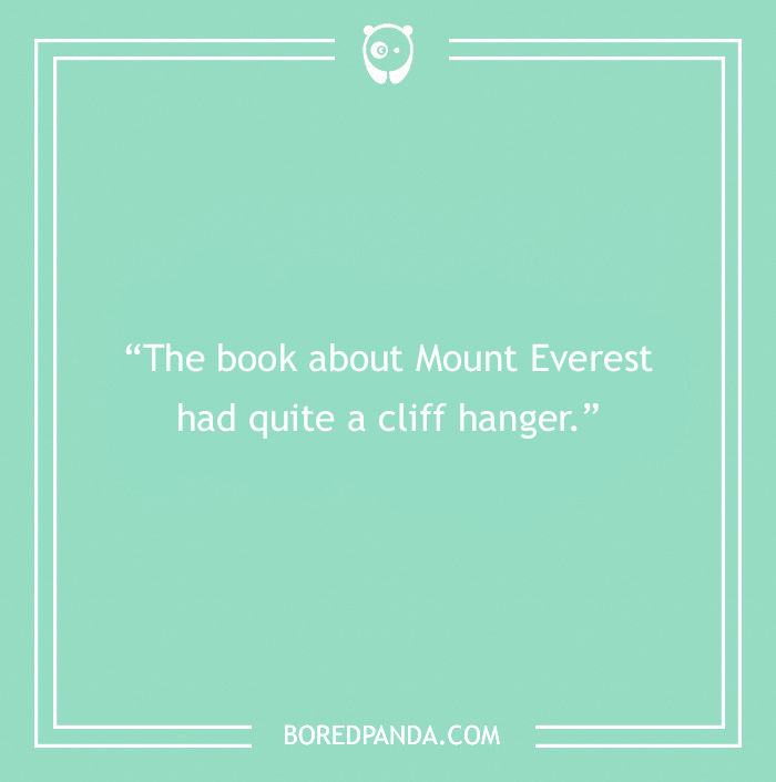 Book pun about Mount Everest with a cliffhanger joke on a teal background.