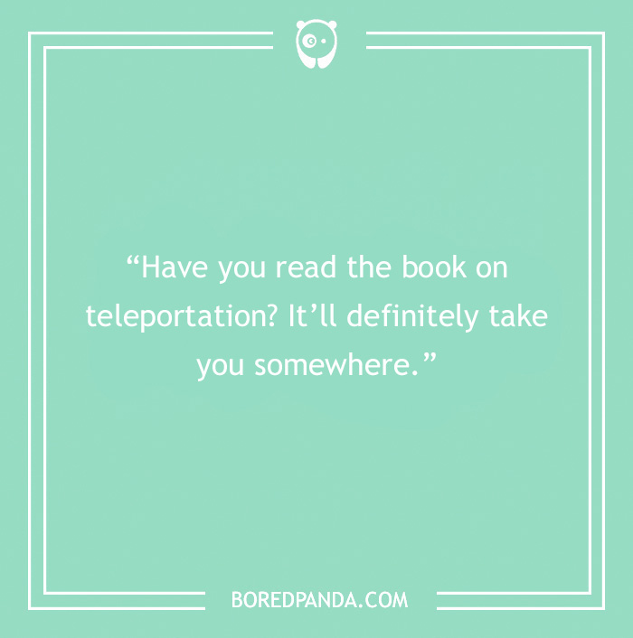 Funny book pun about teleportation on a mint green background with white text.