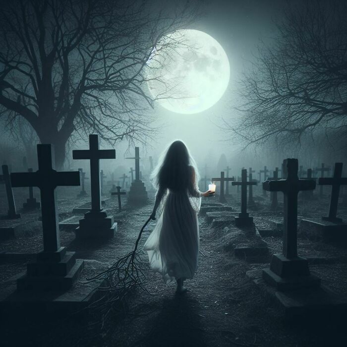 Girl Walking In A Cemetery At Night
