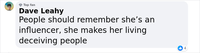 Comment from user about influencer’s actions, questioning her authenticity. Comment from user about influencer’s actions, questioning her authenticity.