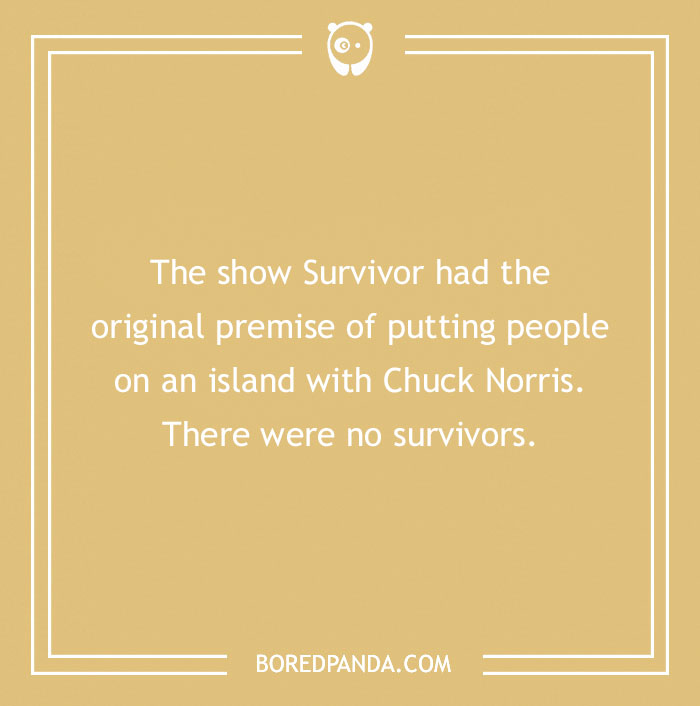 Chuck Norris joke on a beige background, humorously suggesting no survivors when put on an island with Chuck Norris.