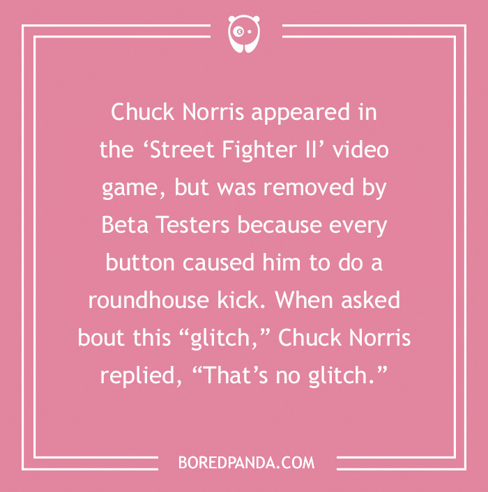 Chuck Norris joke about being removed from a video game for doing roundhouse kicks with every button press.