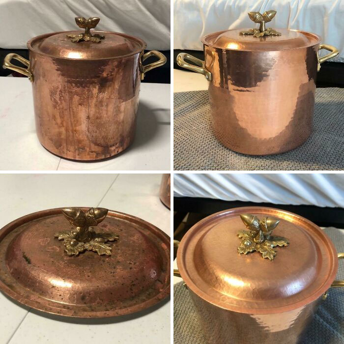 Cacerola italiana de cobre recién limpia y pulida