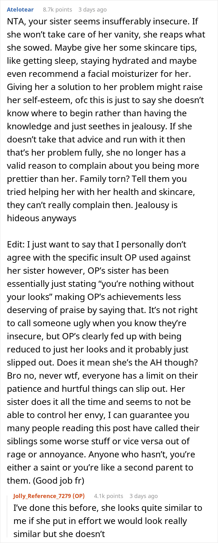 25 Y.O. Keeps Blaming "Pretty Privilege" For Sister's Success, Gets A Reality Check 25 Y.O. Keeps Blaming "Pretty Privilege" For Sister's Success, Gets A Reality Check