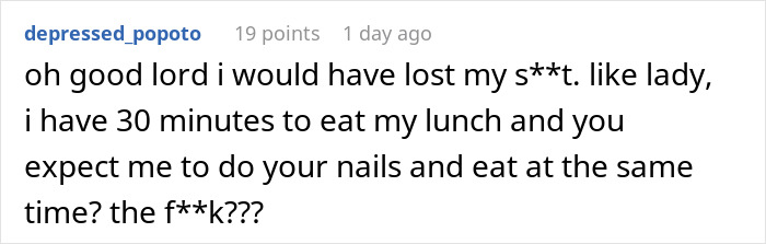 "She's Being A Complete Clown": Woman Is Furious And Offended Coworker Won't Give Free Manicure "She's Being A Complete Clown": Woman Is Furious And Offended Coworker Won't Give Free Manicure
