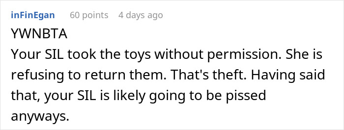 SIL Freaks After Parents Take Back Toys Meant For Everyone That She Poached SIL Freaks After Parents Take Back Toys Meant For Everyone That She Poached