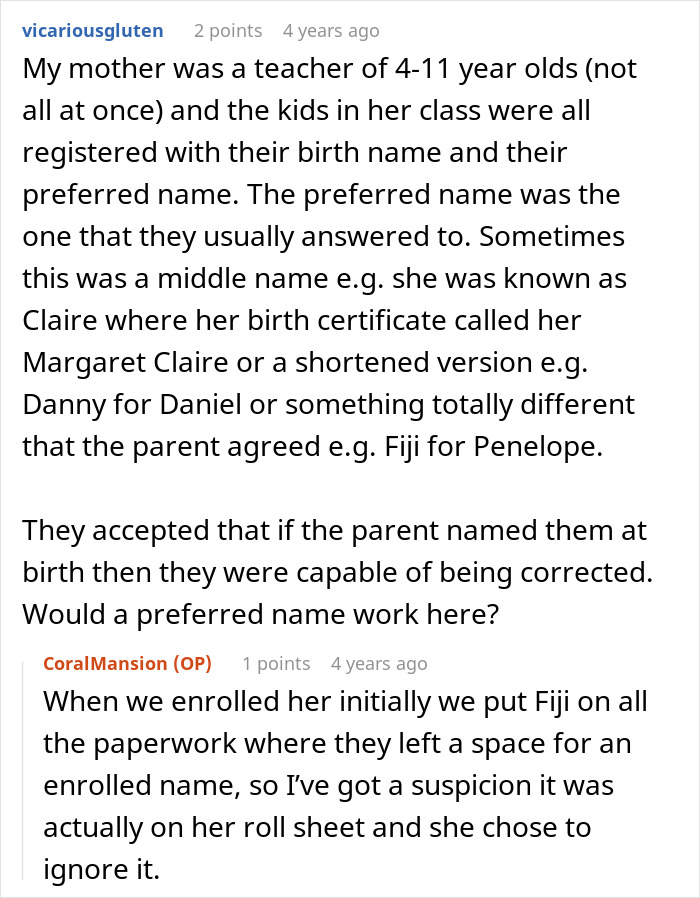 Teacher Refuses To Call Girl By The Name She's Been Using For 3 Years, Parent Asks For Advice Teacher Refuses To Call Girl By The Name She's Been Using For 3 Years, Parent Asks For Advice