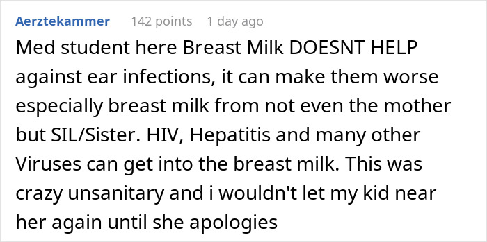 “AITA For Banning My SIL From Babysitting After She Put Breastmilk In My Child’s Ears” “AITA For Banning My SIL From Babysitting After She Put Breastmilk In My Child’s Ears”