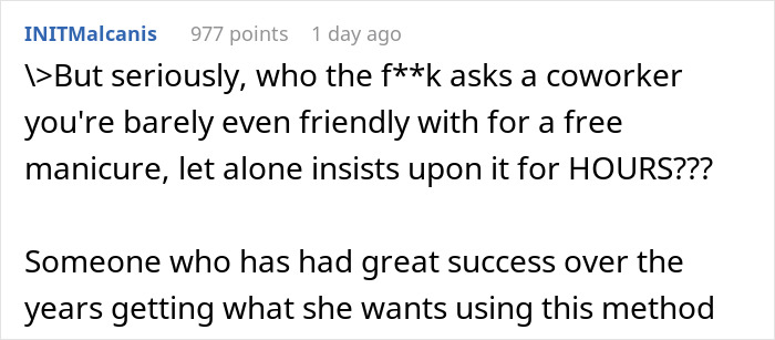 "She's Being A Complete Clown": Woman Is Furious And Offended Coworker Won't Give Free Manicure "She's Being A Complete Clown": Woman Is Furious And Offended Coworker Won't Give Free Manicure
