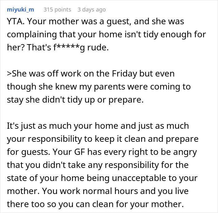 Guy Embarrassed GF Didn’t Clean Up For His Parents’ Visit, Gets A Reality Check Online