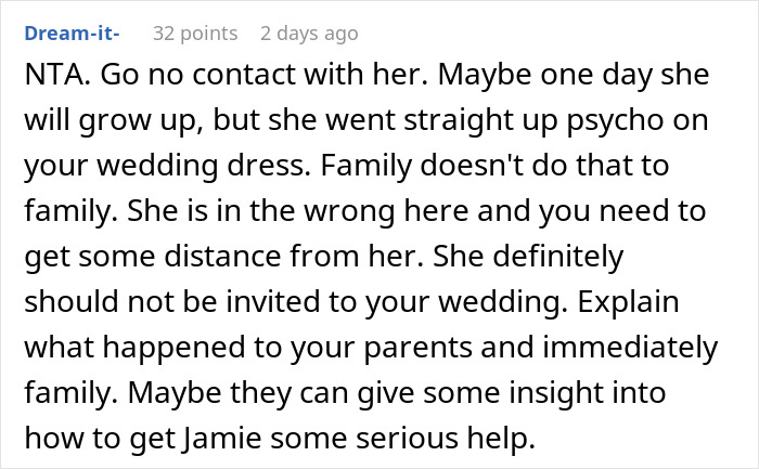 Woman Catches Jealous Sister About To Cut Her Wedding Dress, Bans Her From The Wedding