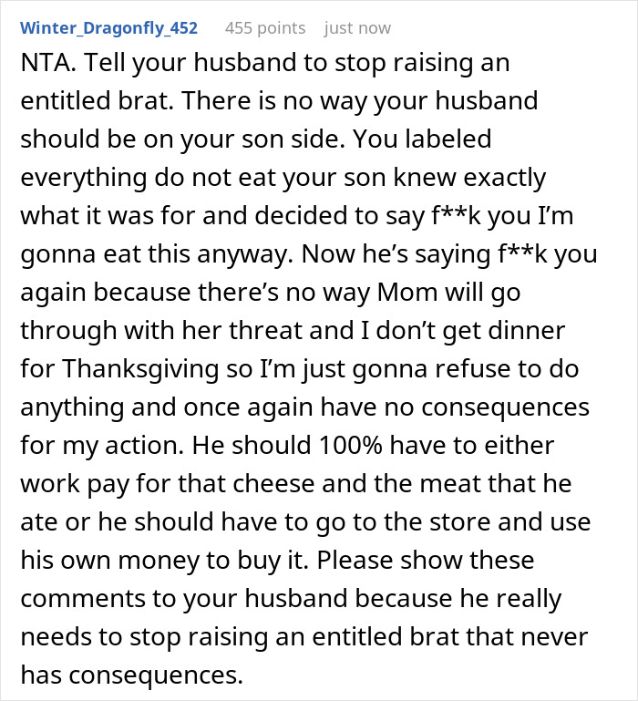 Alt text: Comment discussing a teen wiping out a $70 charcuterie board before Thanksgiving and the mom making him pay for it. Alt text: Comment discussing a teen wiping out a $70 charcuterie board before Thanksgiving and the mom making him pay for it.