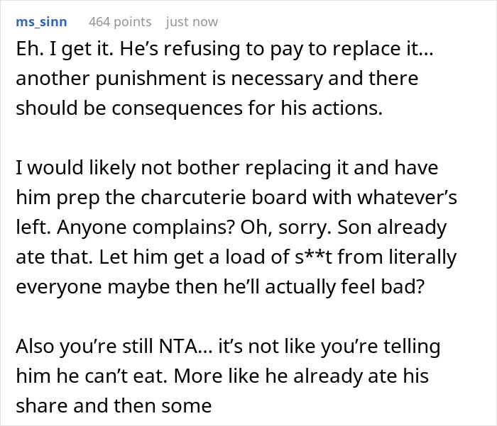 Screenshot of a Reddit comment discussing consequences and punishment after a teen wipes out a charcuterie board. Screenshot of a Reddit comment discussing consequences and punishment after a teen wipes out a charcuterie board.