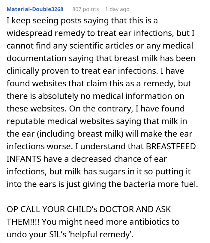 “AITA For Banning My SIL From Babysitting After She Put Breastmilk In My Child’s Ears” “AITA For Banning My SIL From Babysitting After She Put Breastmilk In My Child’s Ears”
