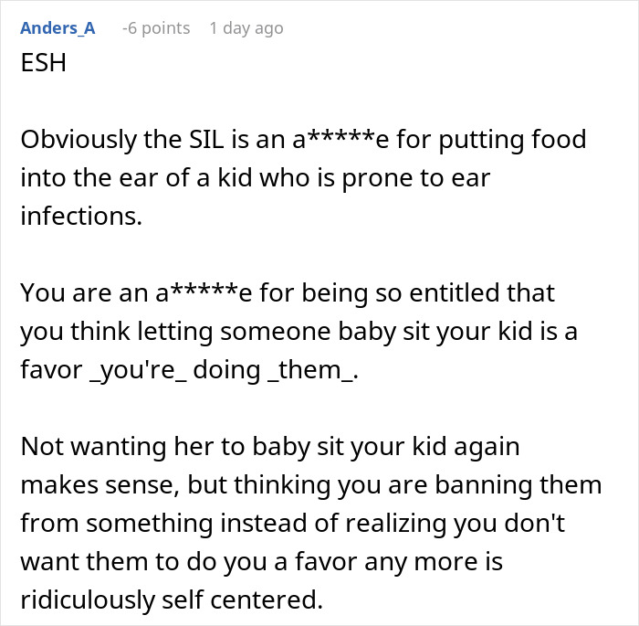“AITA For Banning My SIL From Babysitting After She Put Breastmilk In My Child’s Ears” “AITA For Banning My SIL From Babysitting After She Put Breastmilk In My Child’s Ears”