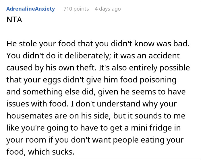 "AITA For 'Poisoning' Housemate Who Ate My Food Without My Permission And Ended Up In The ER?"