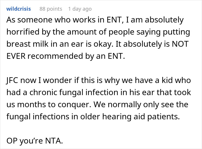 “AITA For Banning My SIL From Babysitting After She Put Breastmilk In My Child’s Ears” “AITA For Banning My SIL From Babysitting After She Put Breastmilk In My Child’s Ears”