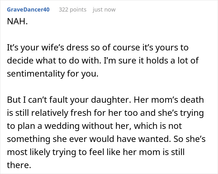 Man Refuses To Let His Late Wife’s Wedding Dress Be Cut, Gets Called A Jerk By Family