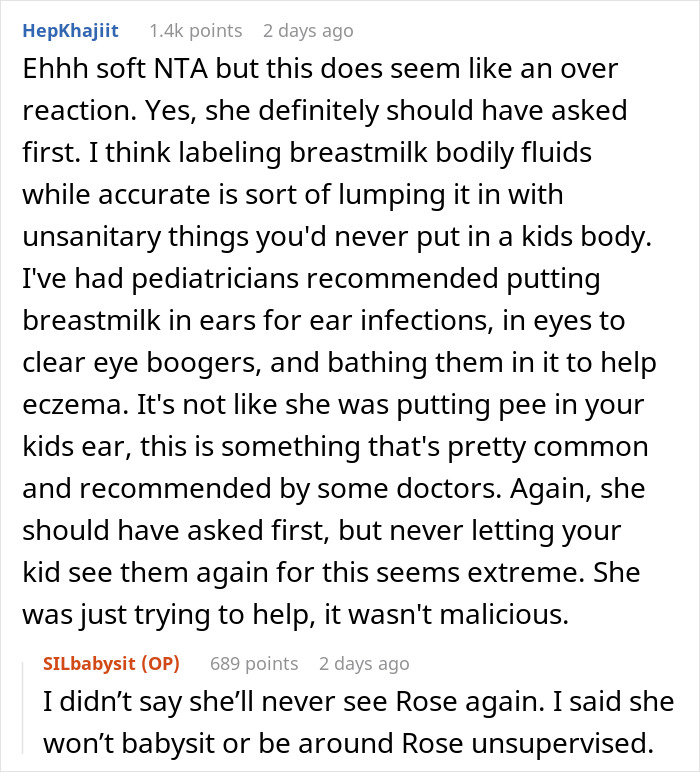 “AITA For Banning My SIL From Babysitting After She Put Breastmilk In My Child’s Ears” “AITA For Banning My SIL From Babysitting After She Put Breastmilk In My Child’s Ears”