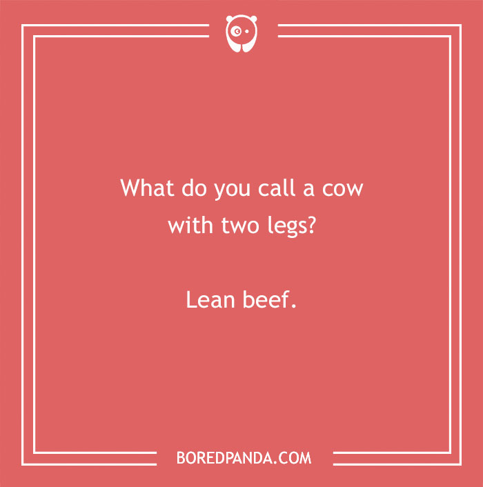 Cow pun on a red background asking what you call a cow with two legs, with the answer lean beef shown in white text.
