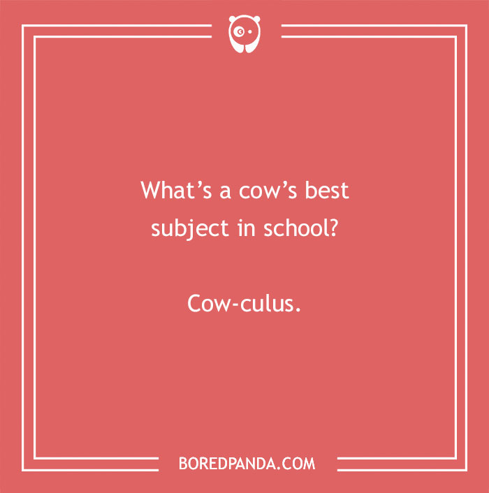 Cow pun on a red background asking about a cow’s best subject in school with the answer cow-culus.