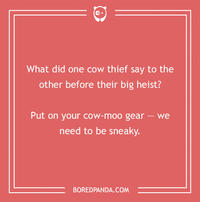 Cow pun joke about thieves using cow-moo gear to be sneaky, showcasing clever cow puns and humor.