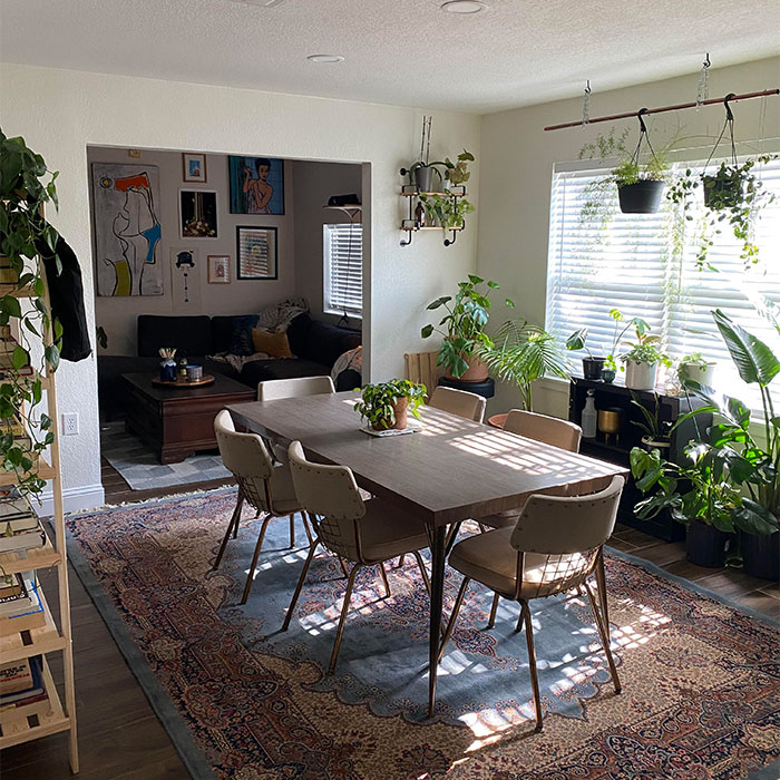 Dining room with table, chairs, and abundant plants creating a cozy and inspiring space for family gatherings.