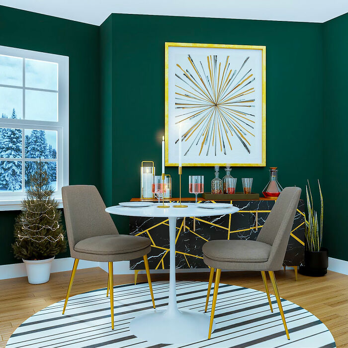 Green room with white table with chairs