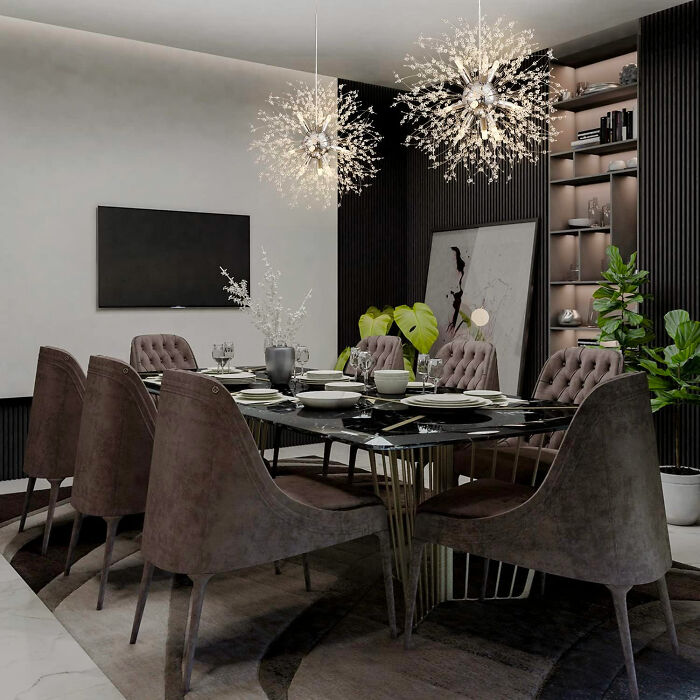 Modern dining room ideas featuring a dark table with plush chairs, elegant lighting, and stylish decor for family gatherings.