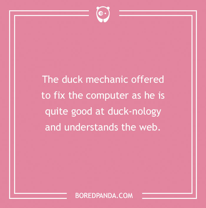 Pink background with a duck pun about a computer-savvy duck mechanic skilled in "duck-nology."