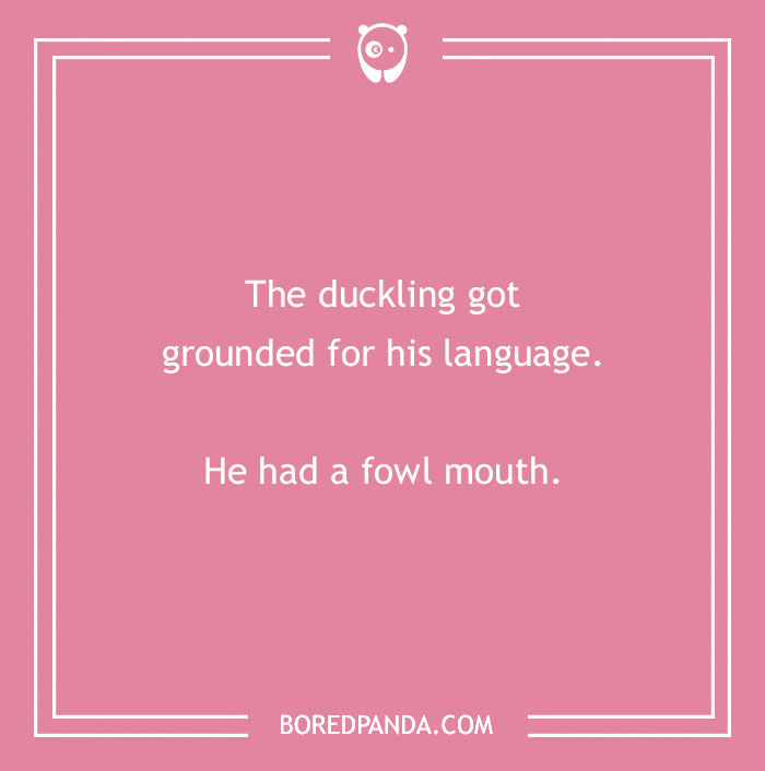 Duck pun text on pink background with a humorous message about a duckling's foul language.