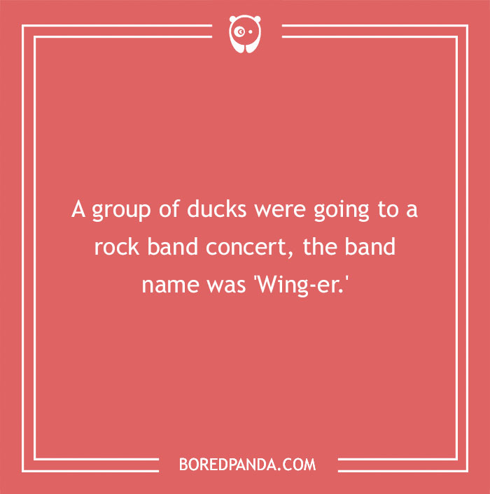 Duck pun about a band named 'Wing-er' on a red background with a panda logo.